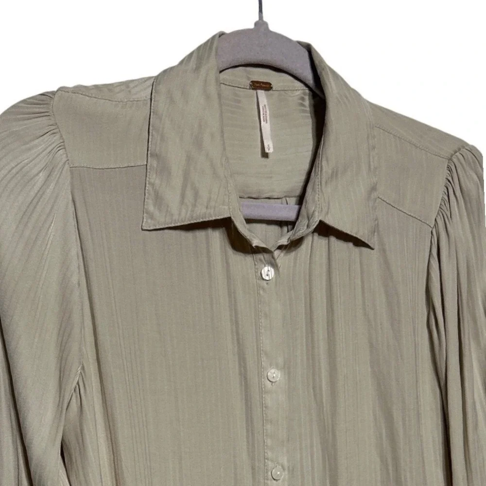 Free People Serena Striped Puff Shoulder Button Up Shirt Beige Women's Small‎